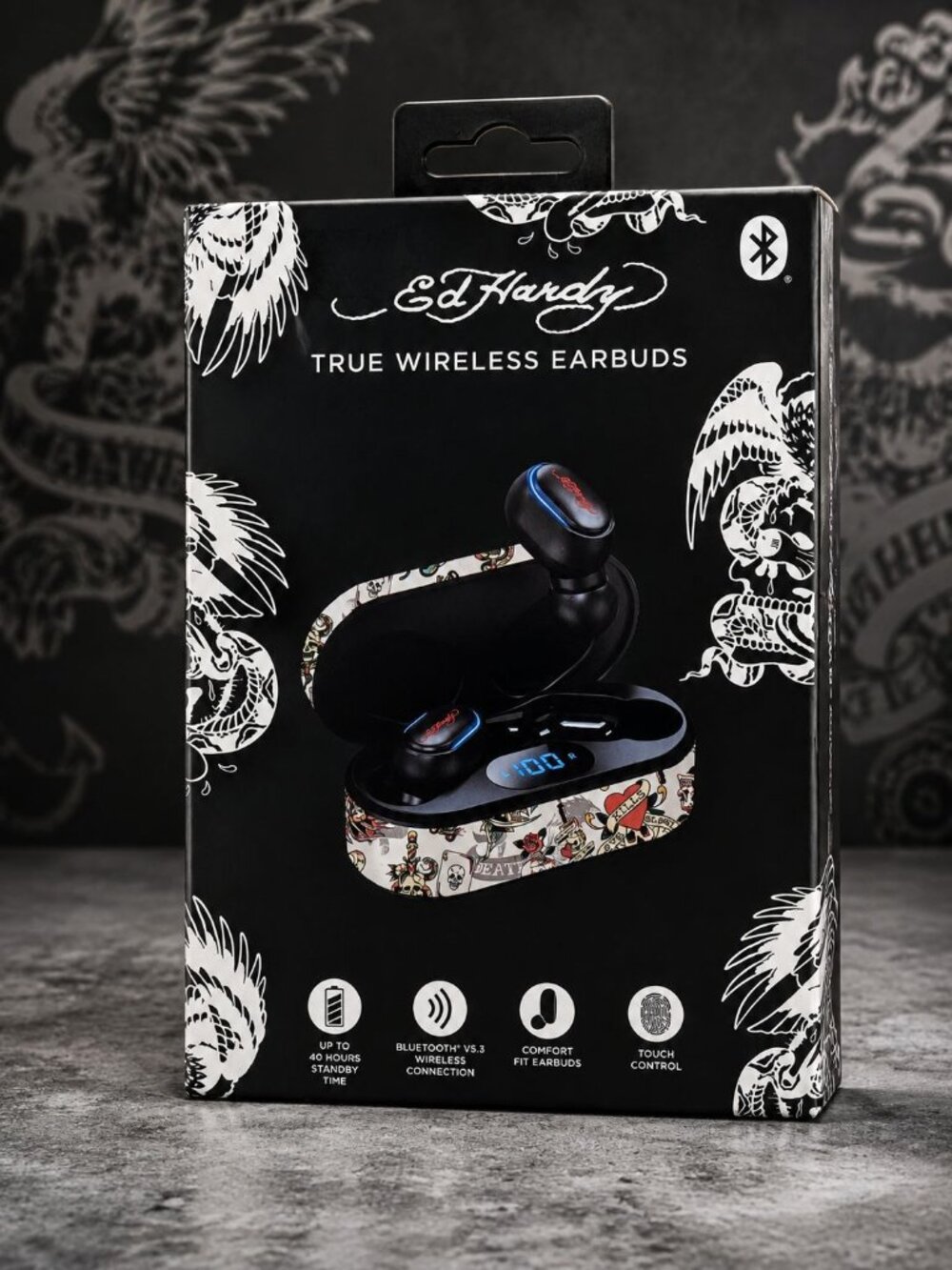 Ed Hardy Earbuds True Wireless Bluetooth w Charging Case White Love Kills Slowly